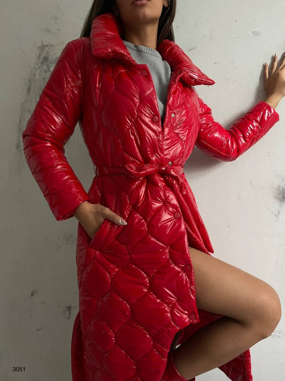 Belted Patent Leather Maxi Puffer Coat 