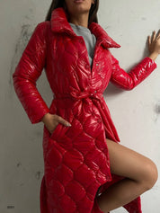 Belted Patent Leather Maxi Puffer Coat 