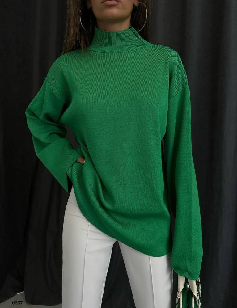 -High Collar Flounce Sleeve Oversize Sweater- 