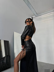 Tie Detail Midi Length Leather Skirt