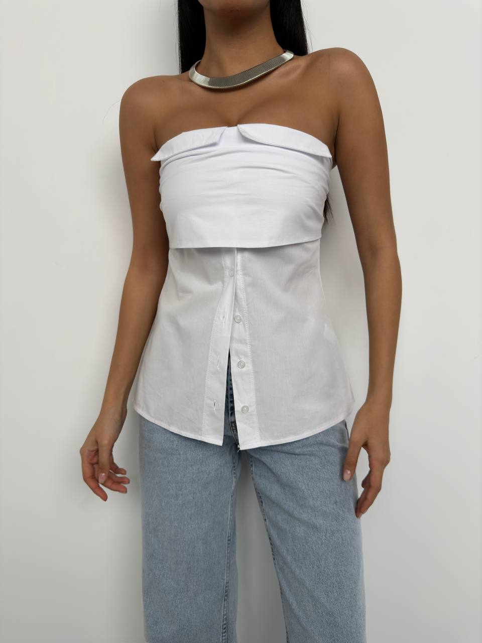 Button Detail Strapless Poplin Blouse 