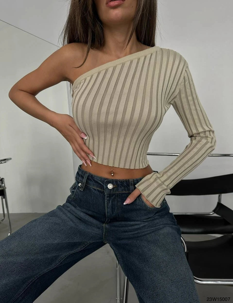 One Shoulder Ribbed Knitwear Sweater
