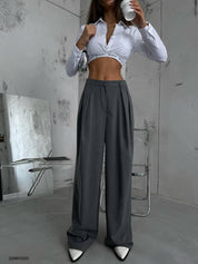 -Double Pleated Wide Leg Trousers- 