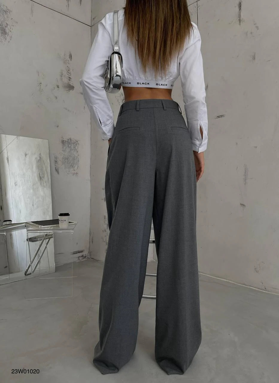 -Double Pleated Wide Leg Trousers- 