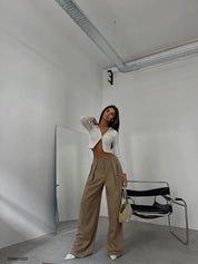 -Double Pleated Wide Leg Trousers- 